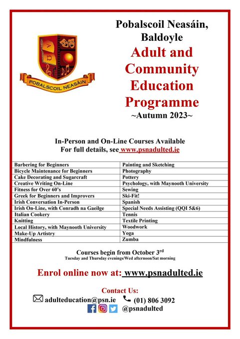 Pobalscoil Neasáin Adult Education Courses Open for Registration!