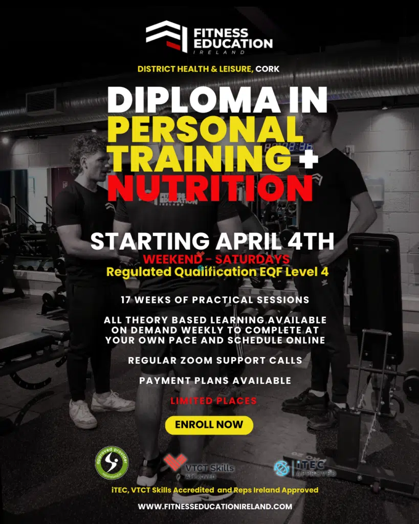 Become a Personal Trainer in Ireland with this Diploma in Personal Training + Nutrition, including Gym Instruction & Group Training delivered by Fitness Training Ireland.